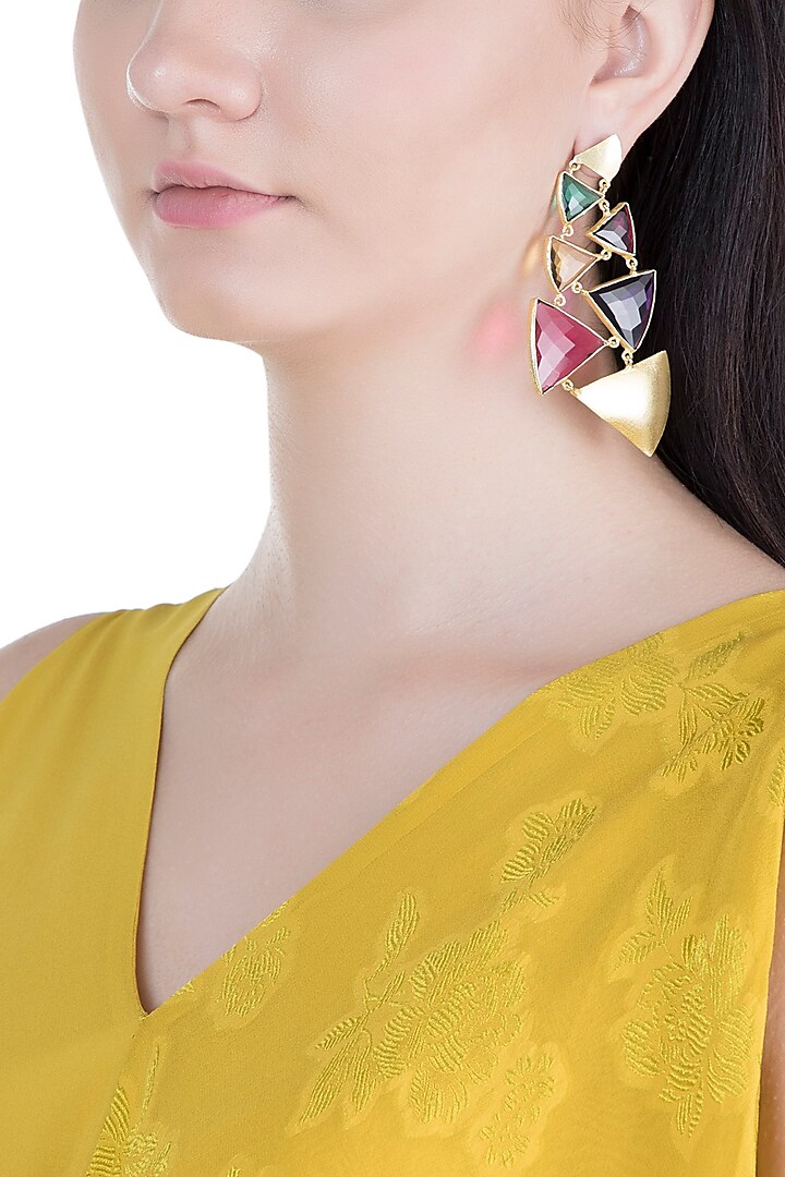 Gold Plated Handmade Pink Quartz, Amethyst, Emerald Green & Citrine Stone Earrings by Varnika Arora