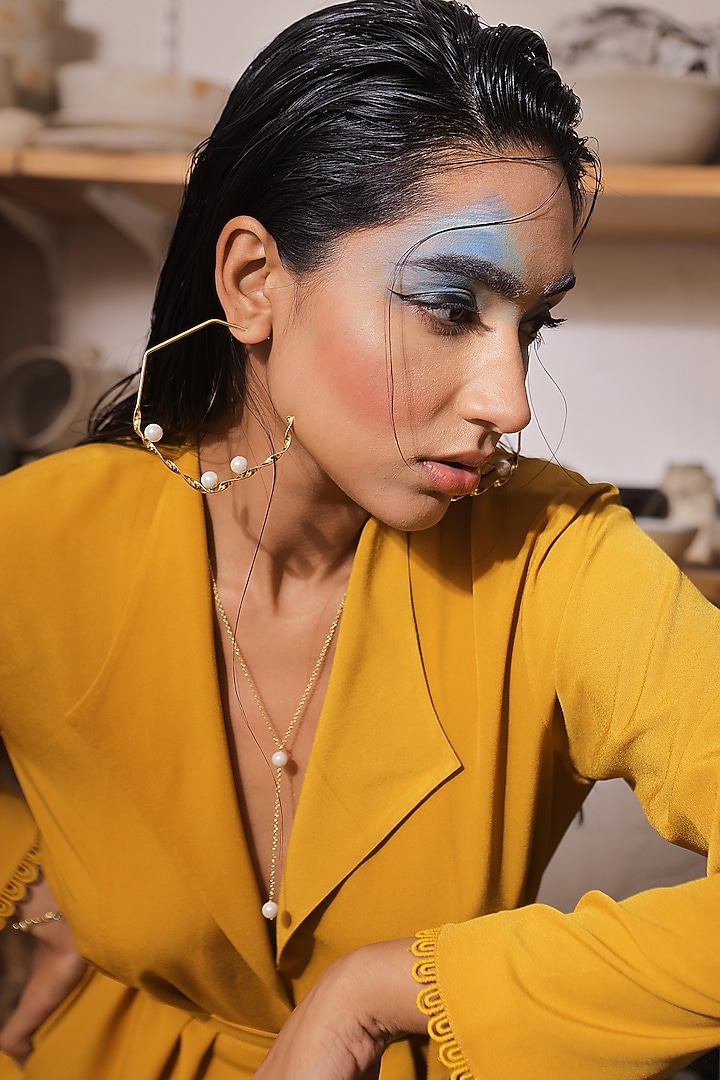 Gold Plated Pearl Handcrafted Hoop Earrings by Varnika Arora at Pernia's Pop Up Shop