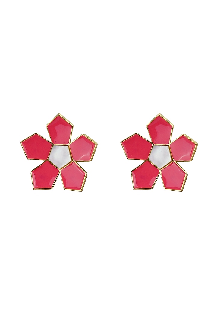 Gold Finish Mother Of Pearl & Enameled Stud Earrings by Varnika Arora at Pernia's Pop Up Shop