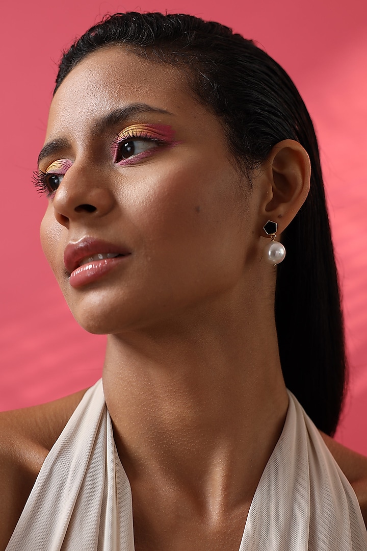 Gold Finish Onyx & Pearl Earrings by Varnika Arora at Pernia's Pop Up Shop