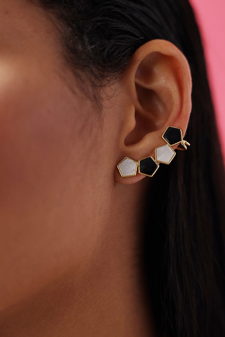 Gold Finish Mother Of Pearl & Enameled Earrings by Varnika Arora at Pernia's Pop Up Shop