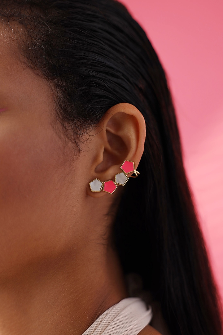 Gold Finish Mother Of Pearl & Enameled Earrings by Varnika Arora at Pernia's Pop Up Shop