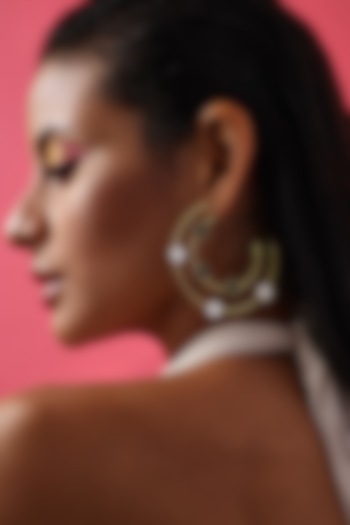 Gold Finish Mother Of Pearl & Enameled Hoop Earrings by Varnika Arora at Pernia's Pop Up Shop