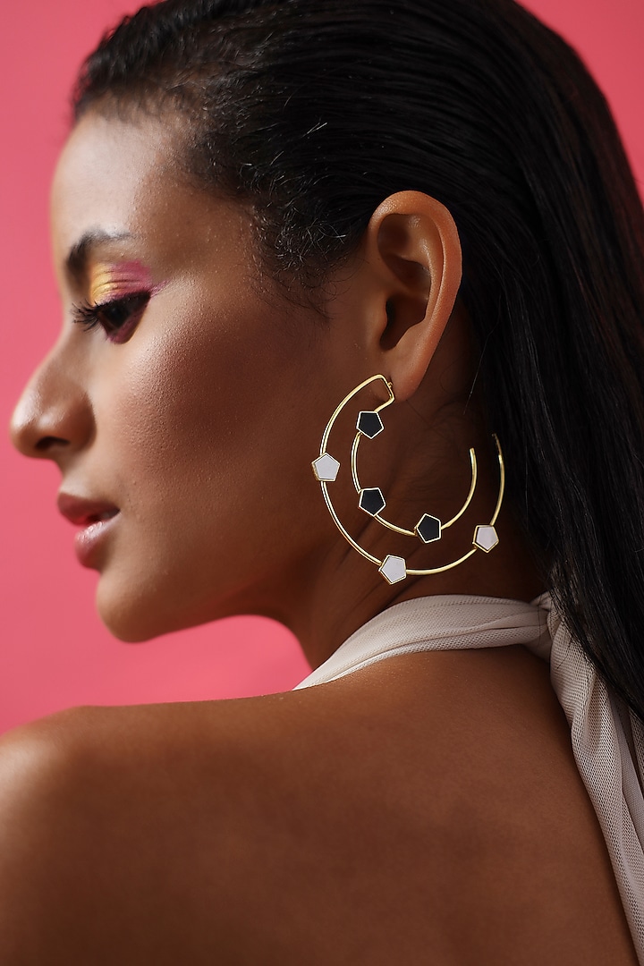 Gold Finish Mother Of Pearl & Enameled Hoop Earrings by Varnika Arora at Pernia's Pop Up Shop