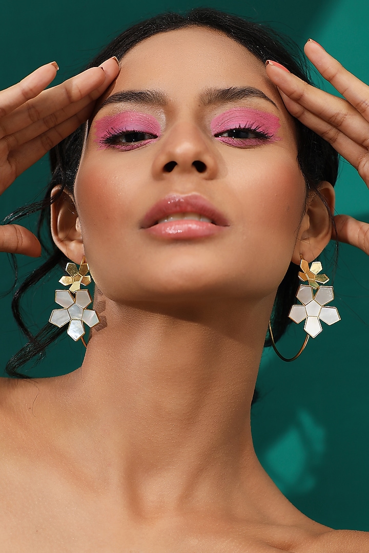 Gold Finish Mother Of Pearl Floral Earrings by Varnika Arora at Pernia's Pop Up Shop