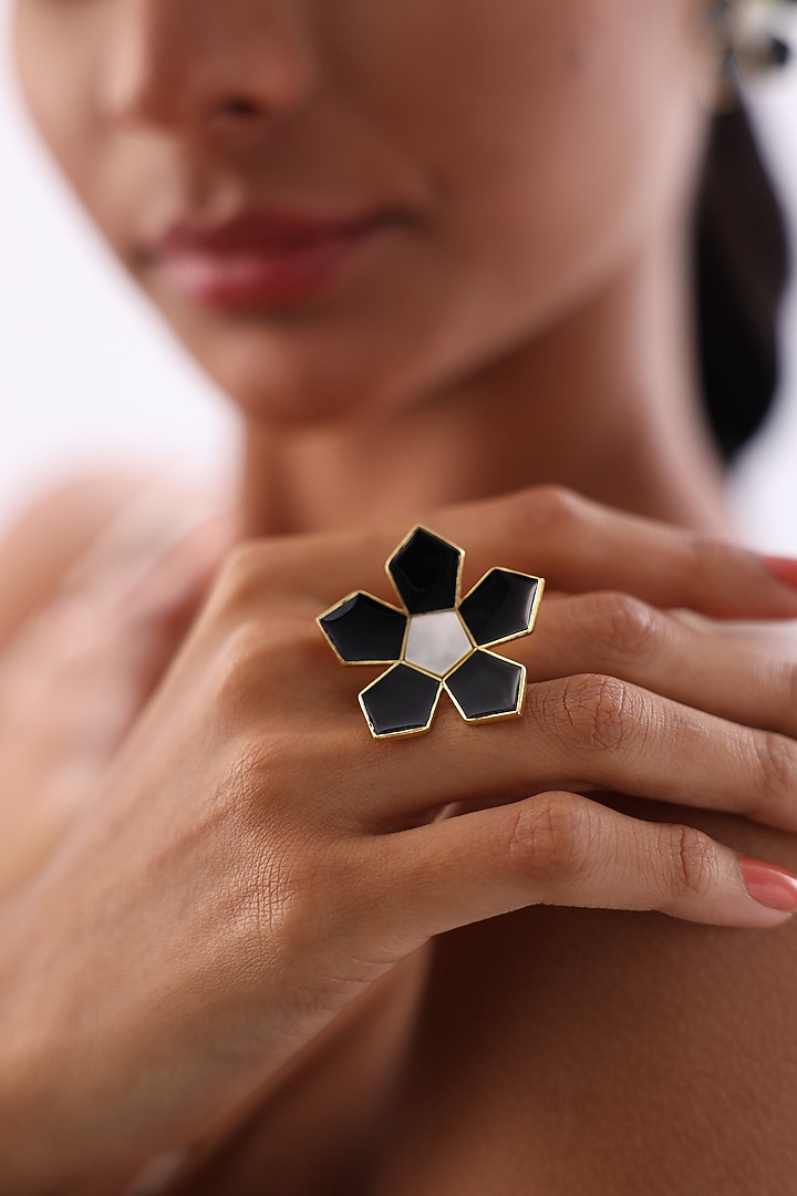Gold Finish Enameled Floral Ring by Varnika Arora at Pernia's Pop Up Shop
