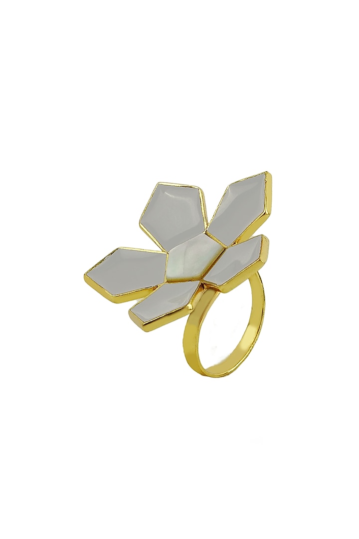 Gold Finish Mother Of Pearl Floral Ring by Varnika Arora