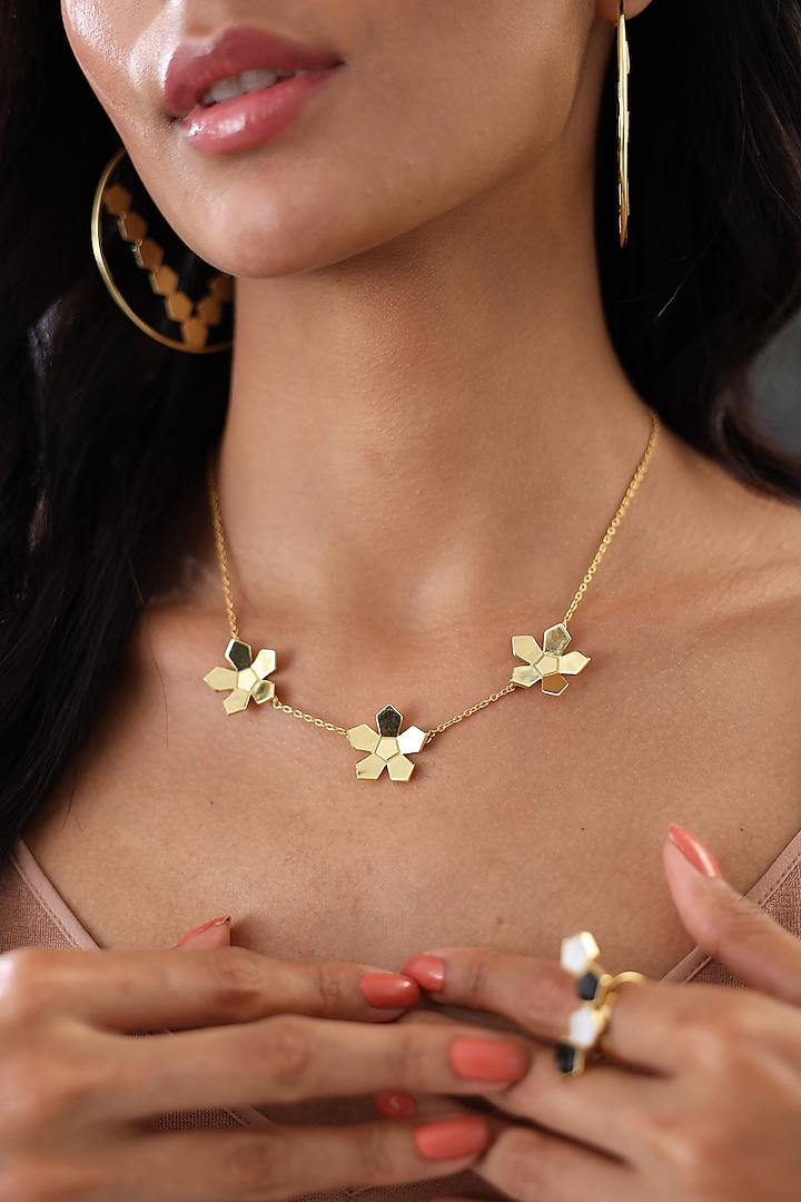 Gold Finish Floral Necklace by Varnika Arora
