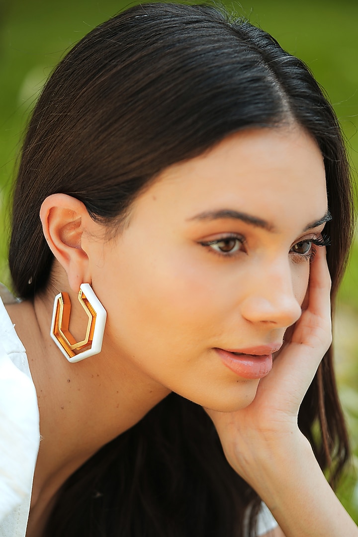 Gold Plated White Enameled Hoop Earrings by Varnika Arora at Pernia's Pop Up Shop