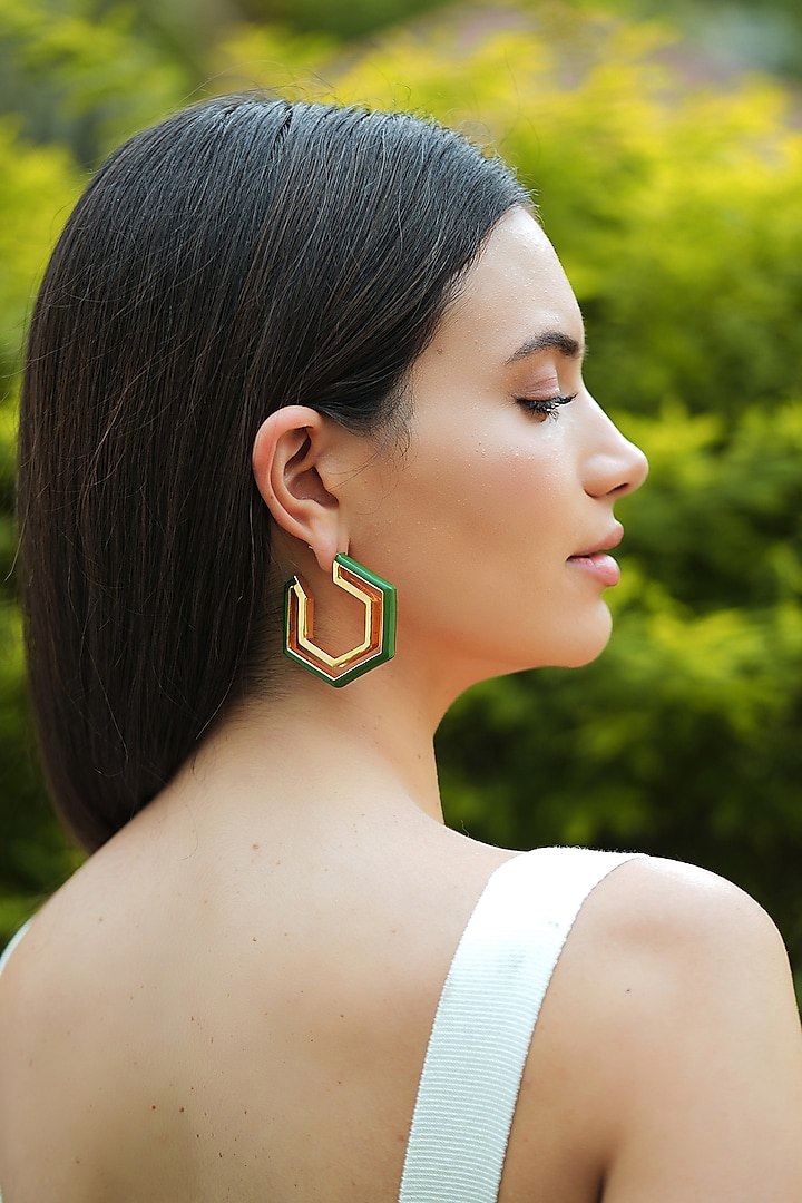 Gold Plated Green Enameled Hoop Earrings by Varnika Arora at Pernia's Pop Up Shop