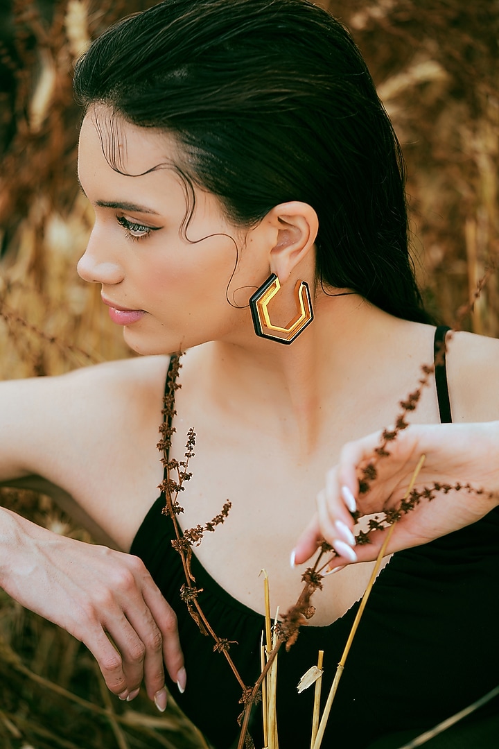 Gold Plated Black Enameled Hoop Earrings by Varnika Arora at Pernia's Pop Up Shop