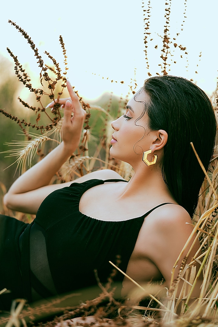 Gold Plated Black Enameled Hoop Earrings by Varnika Arora at Pernia's Pop Up Shop