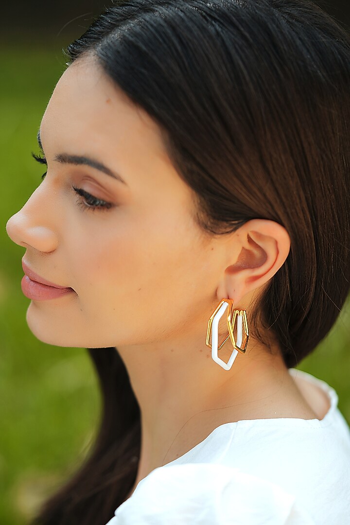 Gold Plated White Enameled Hoop Earrings by Varnika Arora at Pernia's Pop Up Shop