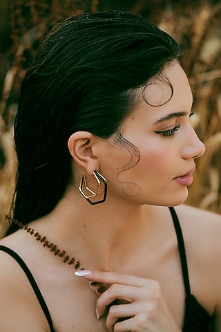 Gold Plated Black Enameled Hoop Earrings by Varnika Arora