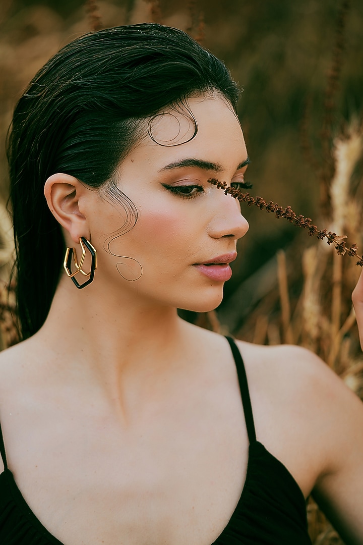 Gold Plated Black Enameled Hoop Earrings by Varnika Arora at Pernia's Pop Up Shop
