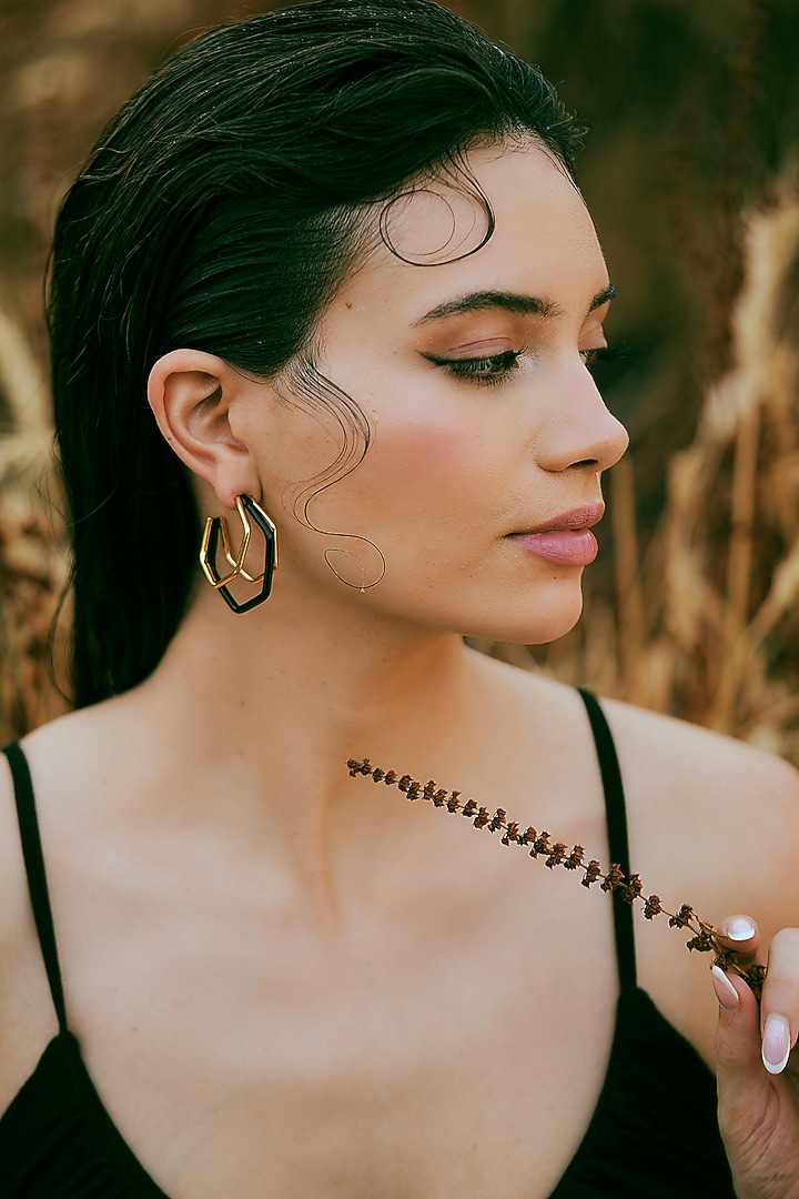 Gold Plated Black Enameled Hoop Earrings by Varnika Arora at Pernia's Pop Up Shop