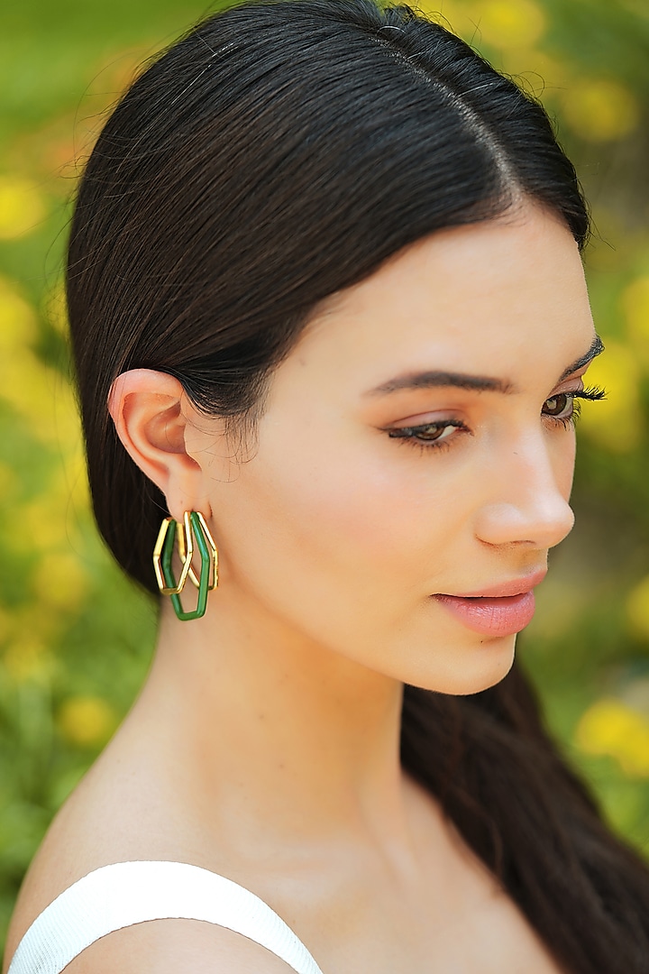 Gold Plated Green Enameled Hoop Earrings by Varnika Arora at Pernia's Pop Up Shop