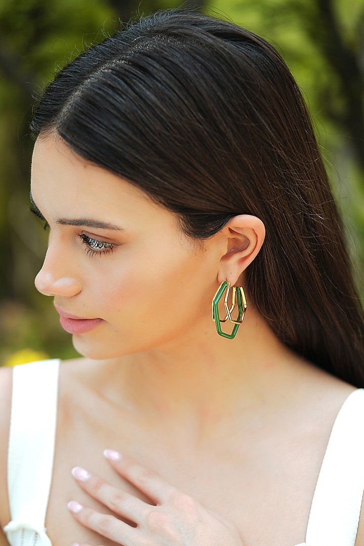 Gold Plated Green Enameled Hoop Earrings by Varnika Arora at Pernia's Pop Up Shop