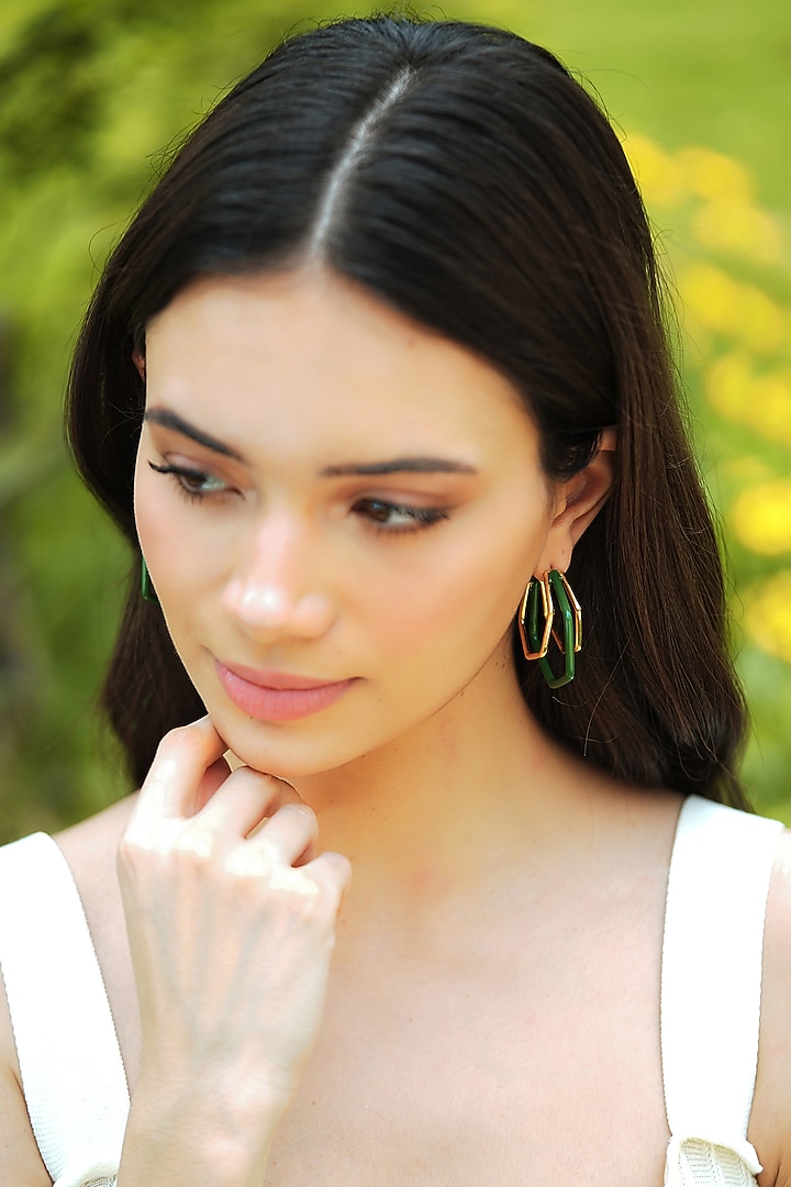 Gold Plated Green Enameled Hoop Earrings by Varnika Arora at Pernia's Pop Up Shop