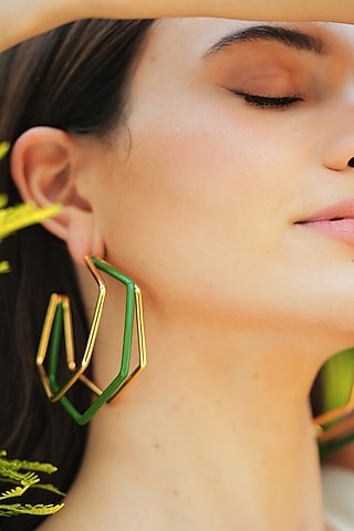 Gold Plated Green Enameled Hoop Earrings by Varnika Arora