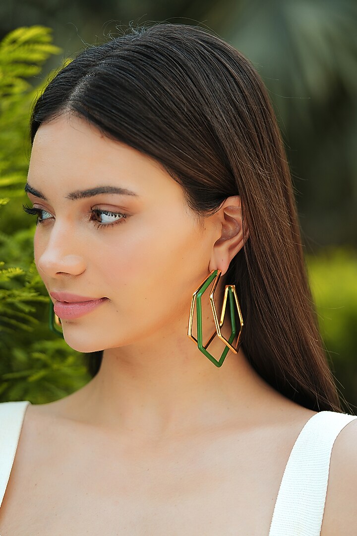 Gold Plated Green Enameled Hoop Earrings by Varnika Arora at Pernia's Pop Up Shop