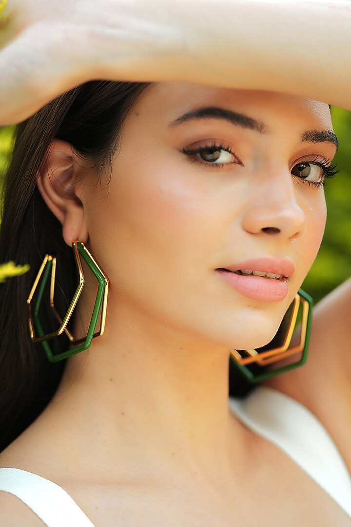 Gold Plated Green Enameled Hoop Earrings by Varnika Arora at Pernia's Pop Up Shop