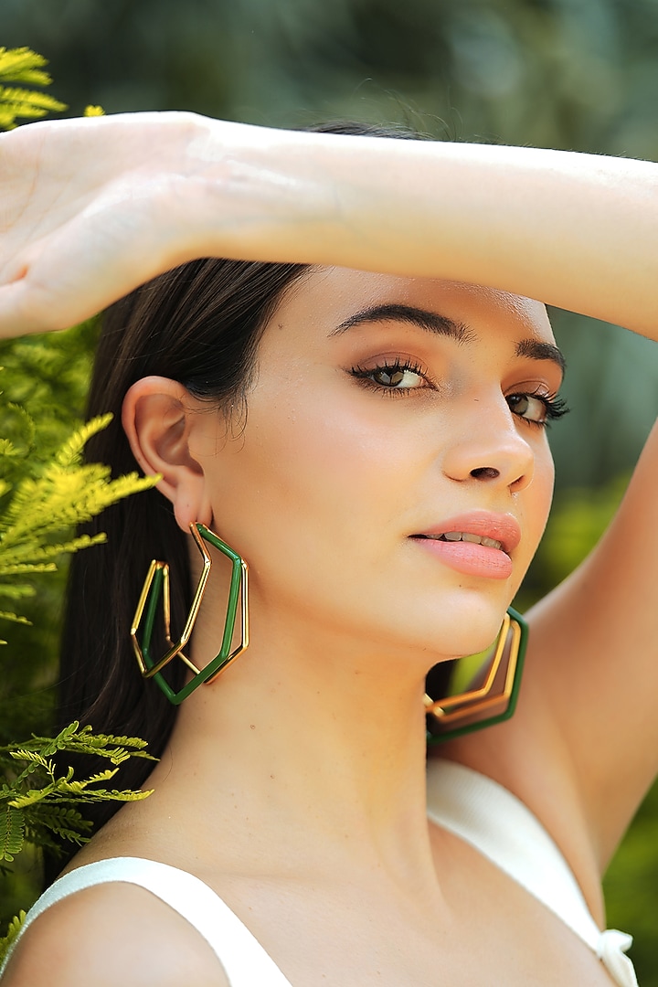 Gold Plated Green Enameled Hoop Earrings by Varnika Arora at Pernia's Pop Up Shop