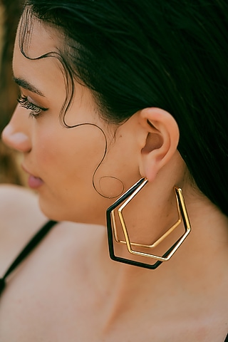 Gold Plated Black Enameled Hoop Earrings by Varnika Arora