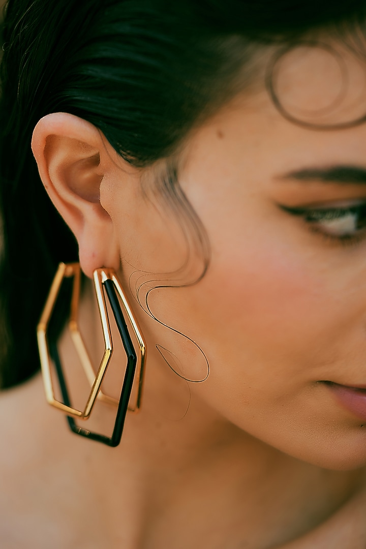 Gold Plated Black Enameled Hoop Earrings by Varnika Arora at Pernia's Pop Up Shop