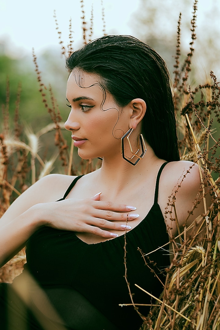 Gold Plated Black Enameled Hoop Earrings by Varnika Arora at Pernia's Pop Up Shop