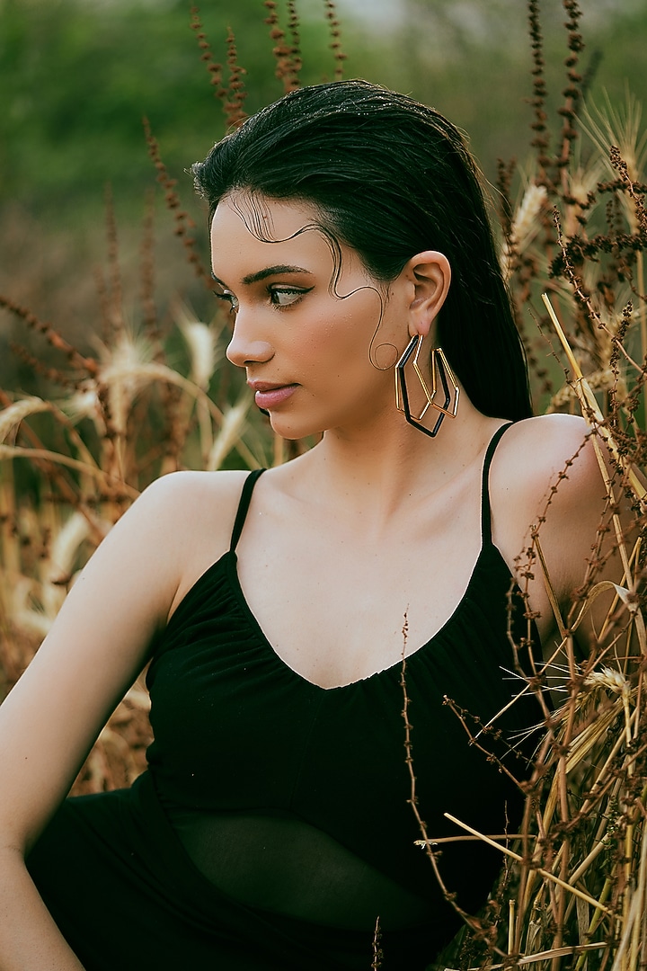 Gold Plated Black Enameled Hoop Earrings by Varnika Arora at Pernia's Pop Up Shop