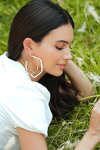 Gold Plated White Enameled Hoop Earrings by Varnika Arora