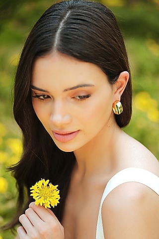 Gold Plated Green Enameled Hoop Earrings by Varnika Arora