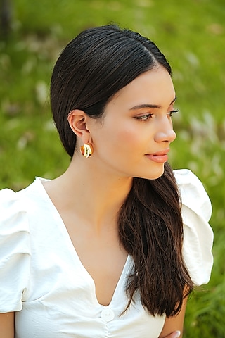 Gold Plated White Enameled Hoop Earrings by Varnika Arora