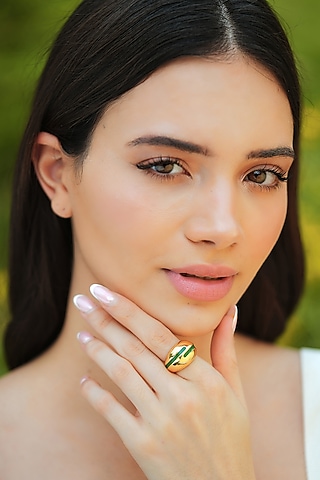 Gold Plated Green Enameled Ring by Varnika Arora