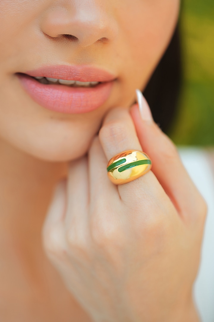 Gold Plated Green Enameled Ring by Varnika Arora at Pernia's Pop Up Shop
