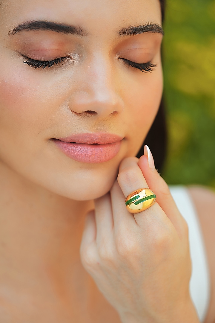 Gold Plated Green Enameled Ring by Varnika Arora at Pernia's Pop Up Shop