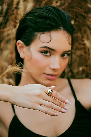 Gold Plated Black Enameled Ring by Varnika Arora