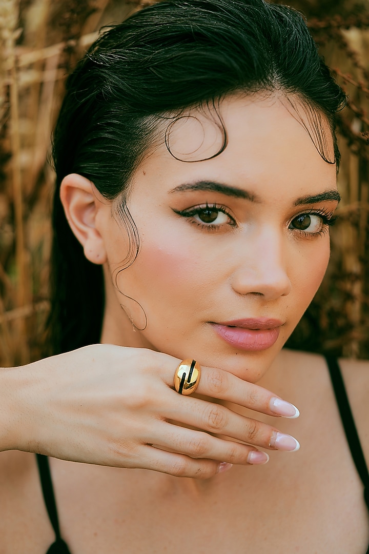 Gold Plated Black Enameled Ring by Varnika Arora at Pernia's Pop Up Shop