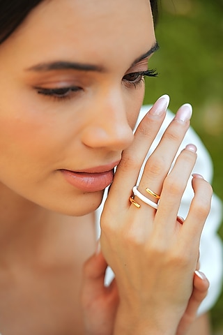 Gold Plated White Enameled Reversible Ring by Varnika Arora