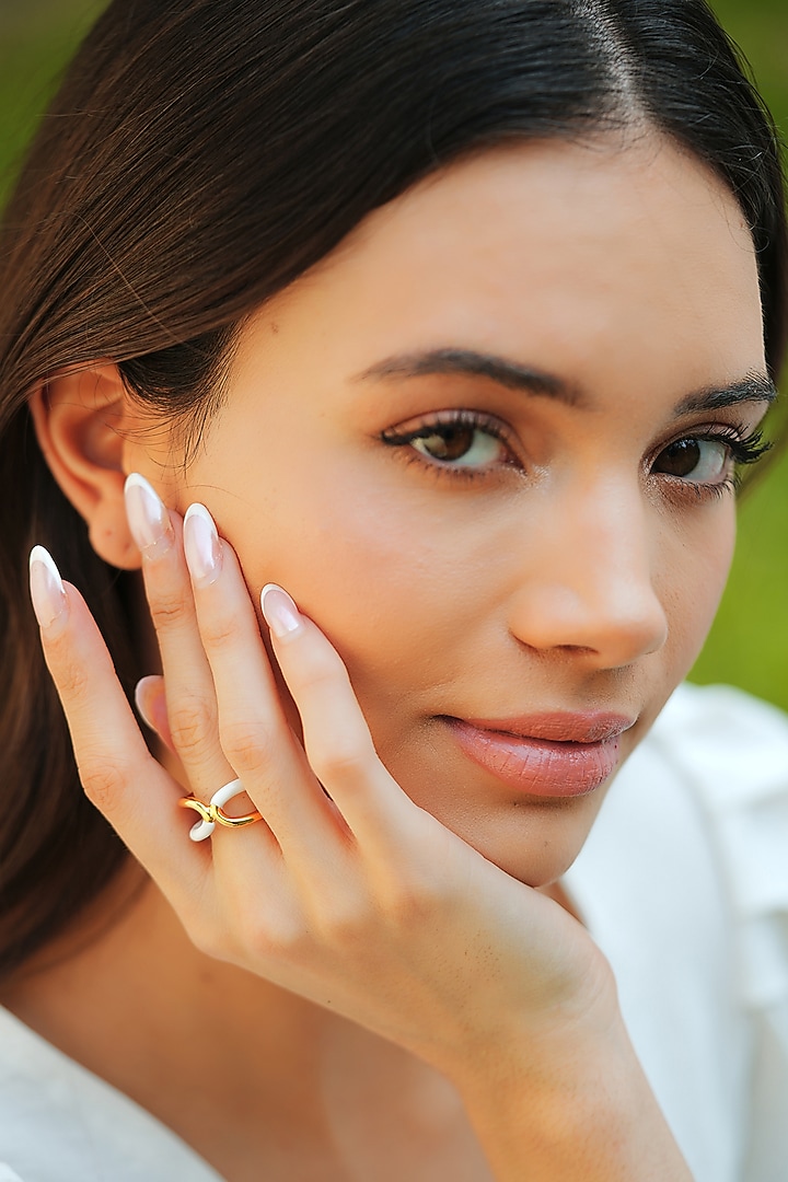 Gold Plated White Enameled Reversible Ring by Varnika Arora at Pernia's Pop Up Shop