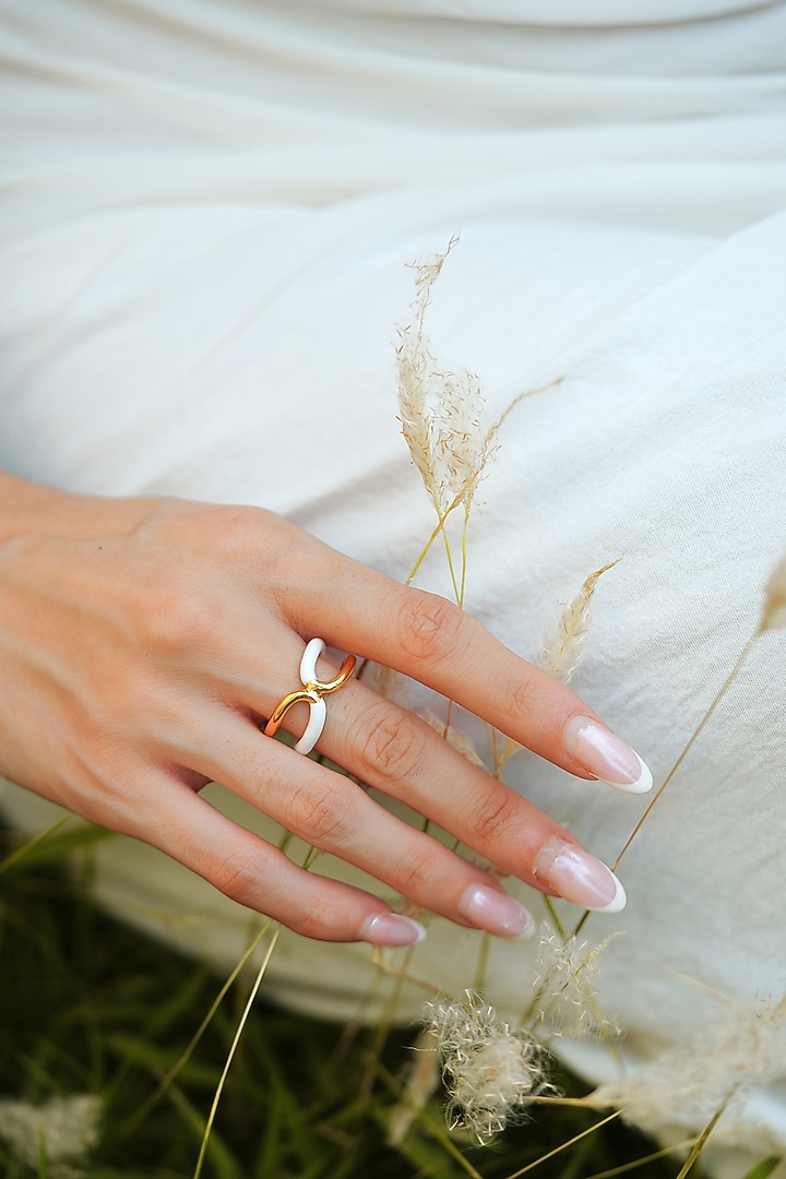 Gold Plated White Enameled Reversible Ring by Varnika Arora at Pernia's Pop Up Shop