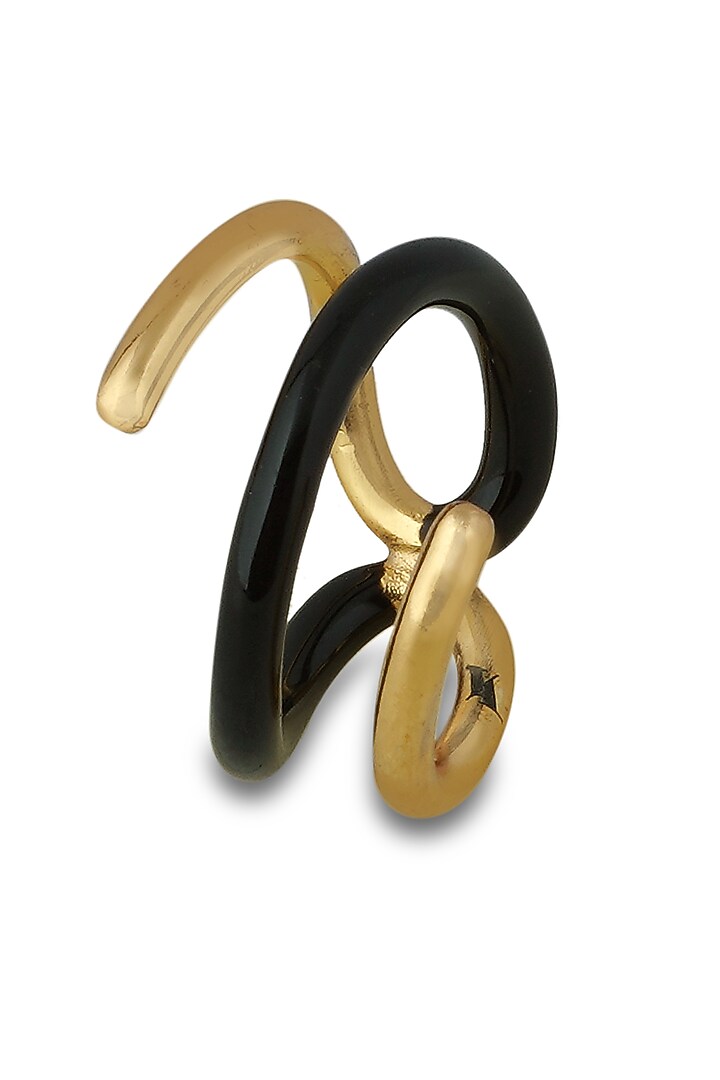 Gold Plated Black Enameled Reversible Ring by Varnika Arora at Pernia's Pop Up Shop
