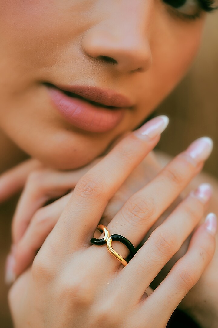 Gold Plated Black Enameled Reversible Ring by Varnika Arora at Pernia's Pop Up Shop