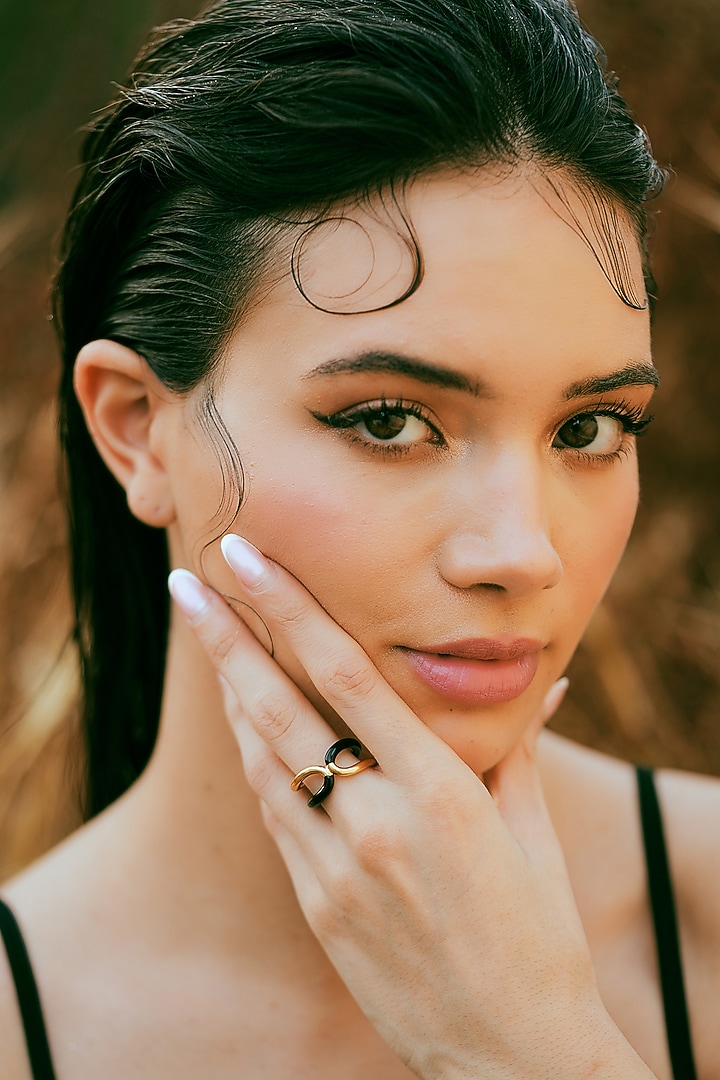 Gold Plated Black Enameled Reversible Ring by Varnika Arora at Pernia's Pop Up Shop