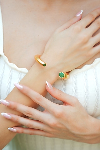 Gold Plated Green Enameled Cuff Bangle by Varnika Arora