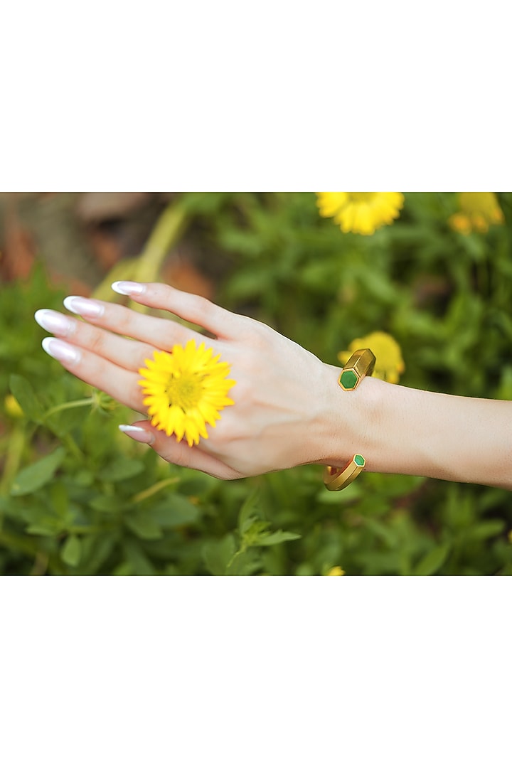 Gold Plated Green Enameled Cuff Bangle by Varnika Arora at Pernia's Pop Up Shop