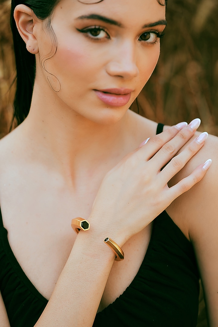 Gold Plated Black Enameled Cuff Bangle by Varnika Arora at Pernia's Pop Up Shop