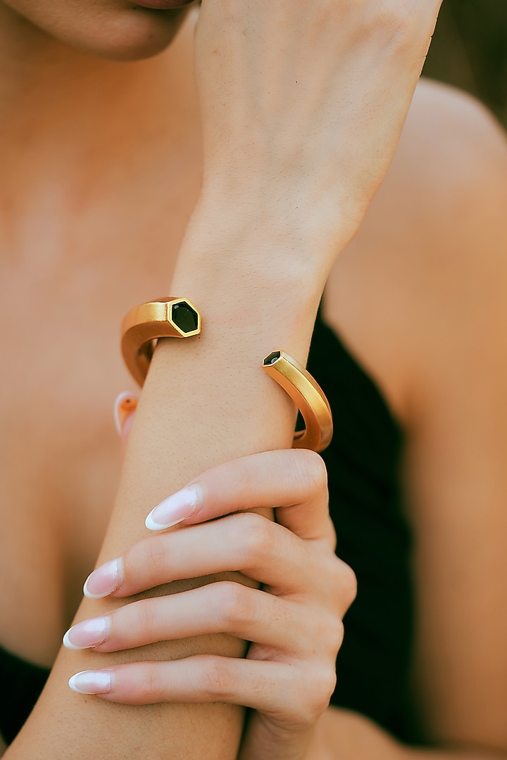 Gold Plated Black Enameled Cuff Bangle by Varnika Arora at Pernia's Pop Up Shop