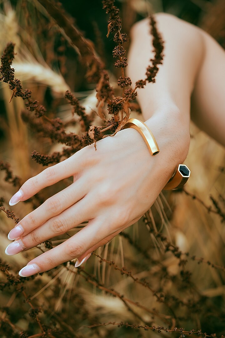 Gold Plated Black Enameled Cuff Bangle by Varnika Arora at Pernia's Pop Up Shop